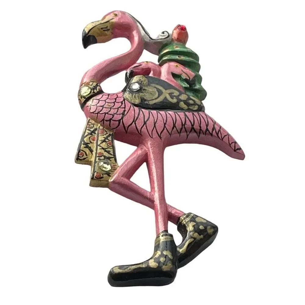 Whimsical, hand painted wooden flamingo brooch designed in Balinese style.